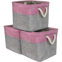 Sorbus Cube Storage Bins Basket Set [3-Pack] Large Square Cube Fabric Collapsible Organizer Bin with Cotton Rope Carry Handles for Linens, Toys, Clothes (Pink)