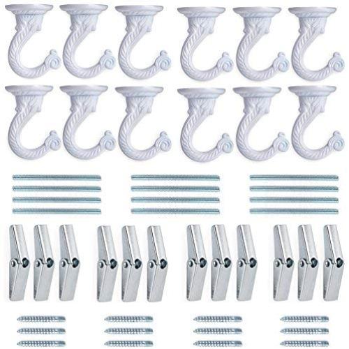 Pack of 12 Complete Sets ? Heavy Duty Metal Ceiling Hooks, Wide Opening Swag Hooks, Plant Hanging Hooks with Hardware, White Enamel Finish