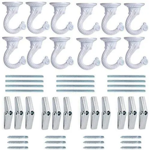 Pack of 12 Complete Sets ? Heavy Duty Metal Ceiling Hooks, Wide Opening Swag Hooks, Plant Hanging Hooks with Hardware, White Enamel Finish Pack of 12 Complete Sets ? Heavy Duty Metal Ceiling Hooks, Wide Opening Swag Hooks, Plant Hanging Hooks with Hardware, White Enamel Finish