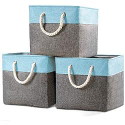 Prandom Large Foldable Cube Storage Baskets Bins 13x13 inch [3-Pack] Fabric Linen Collapsible Storage Bins Cubes Drawer with Cotton Handles Organizer for Shelf Toy Nursery Closet Bedroom(Gray/Blue)…