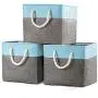 Prandom Large Foldable Cube Storage Baskets Bins 13x13 inch [3-Pack] Fabric Linen Collapsible Storage Bins Cubes Drawer with Cotton Handles Organizer for Shelf Toy Nursery Closet Bedroom(Gray/Blue)…