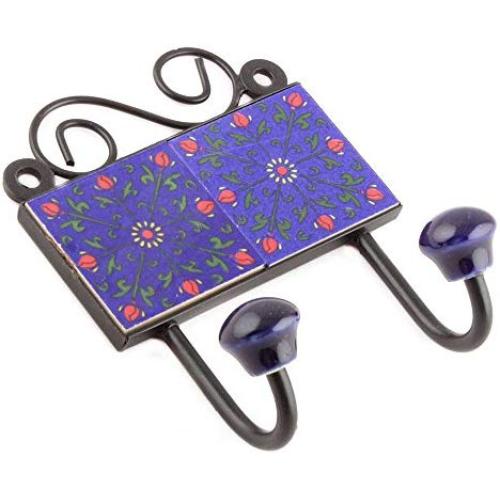 Indianshelf Handmade 1 Artistic Vintage Blue Ceramic Flower Wall Tile Hooks Hangers/Hooks for Hanging Towels