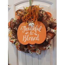 Thankful And Blessed Thanksgiving Wreath DecoMesh Brown Orange Gold FREE SHIPPING Free Wreath Hanger Included