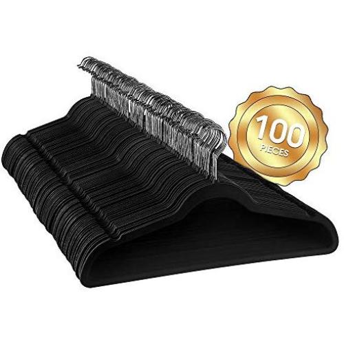 Elama Home ELH100BLACK 100 Piece Set of Velvet Slim Profile Heavy Duty Felt Hangers with Stainless Steel Swivel Hooks in Black