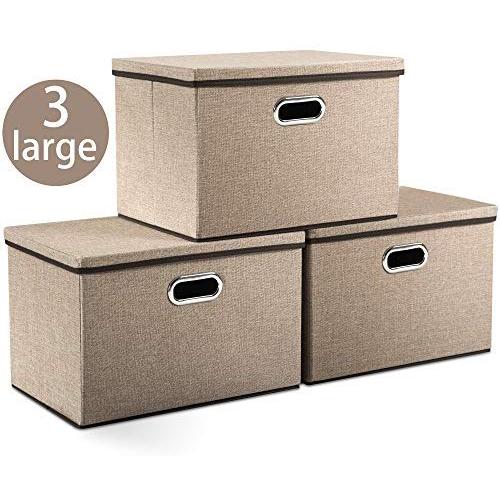 Prandom Large Foldable Storage Boxes with Lids [3-Pack] Jute Fabric Collapsible Storage Bins Organizer Containers Baskets Cube with Cover for Home Bedroom Closet Office Nursery (17.7x11.8x11.8)