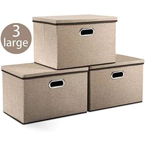Prandom Large Foldable Storage Boxes with Lids [3-Pack] Jute Fabric Collapsible Storage Bins Organizer Containers Baskets Cube with Cover for Home Bedroom Closet Office Nursery (17.7x11.8x11.8)