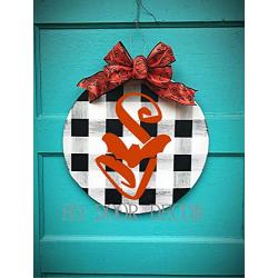 personalized monogram Halloween Round Farmhouse plaid wreath spider door hanger