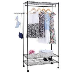 YYAO Clothes Garment Rack 3 Tiers Multifunction Clothing Hanger Garment Shelf Mesh Garment Rack Clothing Storage Organizer with Side Hook (Black)