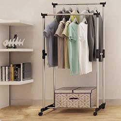 Cypress Shop Double Rail Bar Rack Garment Shelf Clothing Shelf Hanging Cloth Hanger Adjustable Heavy Duty Rolling Cart Room Saving Space Household Home Furniture