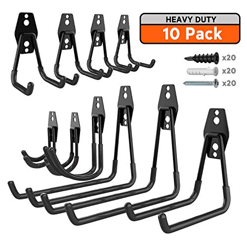 EJG Heavy Duty 10- Pack Garden Hose Holder, Steel Garage Storage Utility Double Hook Hanger, for Organizing Power Tools, Ladders, Bulk items, Bikes, Ropes etc.(black)