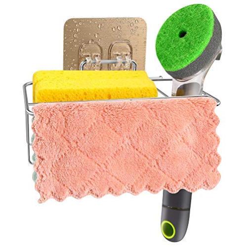 3 in 1 Sponge Holder+Rag Holder+Dish Brush Holder for Kitchen Sink with Adhesive, 304 Stainless Steel Kitchen Sink Sponge holder Organization Basket, Kitchen Sink Caddy holder-Easy to Use