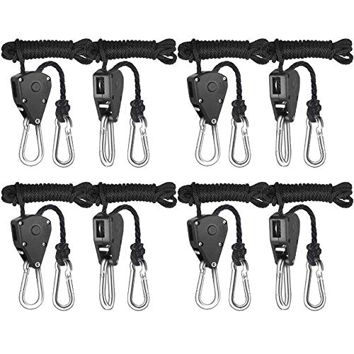 Rope Clip Hanger, Sopito 4 Pairs 1/8 inch Adjustable Heavy Duty Rope Hanger - Reinforced Metal Internal Gears Ratchets, Loose-Proof Design, 8-ft Long & 150lbs Weight Capacity