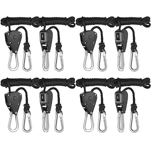 Rope Clip Hanger, Sopito 4 Pairs 1/8 inch Adjustable Heavy Duty Rope Hanger - Reinforced Metal Internal Gears Ratchets, Loose-Proof Design, 8-ft Long & 150lbs Weight Capacity