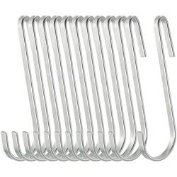 WHYHKJ 12pcs 4.2 Inch S Shaped Flat Hook Silver Tone Heavy Duty Stainless Steel Hanger Hooks for Hanging Pots and Pans, Plants, Utensils, Towels