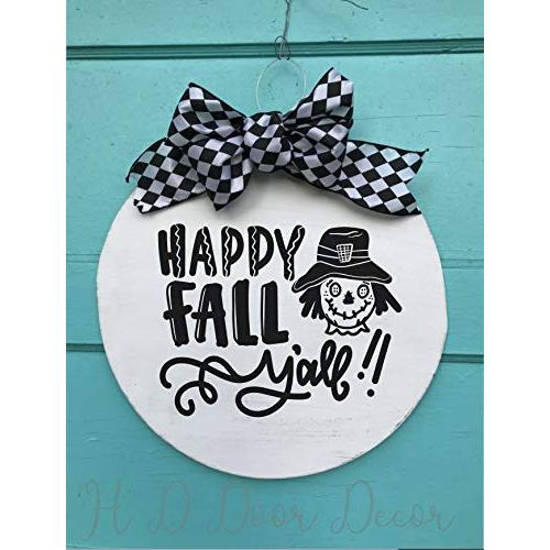 Happy fall yall round wreath thanksgiving pumpkin door hanger Scarecrow sign