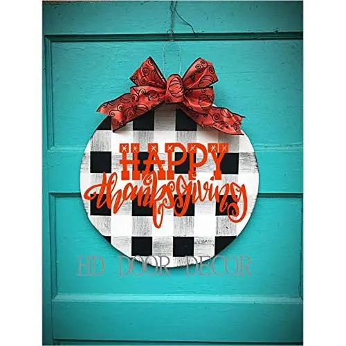 Fall Round Farmhouse plaid wreath Happy thanksgiving door hanger