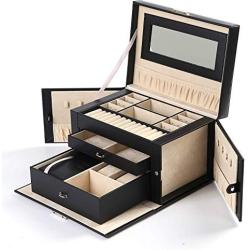 ABO Gear Boxes Jewelry Case Jewlery Organizers Storage with Lock, Black/Beige Pu Leather