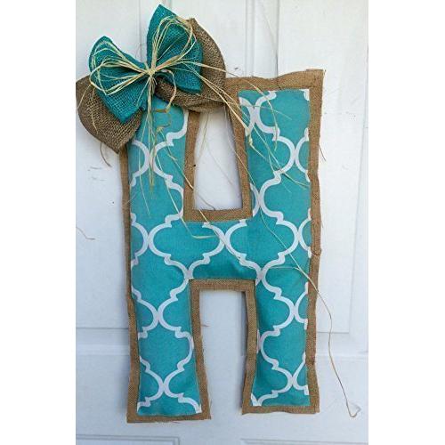 Teal Blue Quatrafoil & Burlap Initial of Choice Door Hanger with layered bow