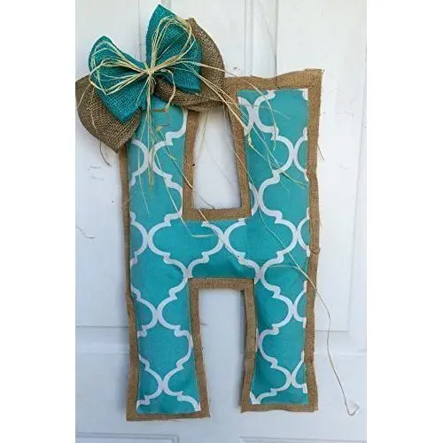 Teal Blue Quatrafoil & Burlap Initial of Choice Door Hanger with layered bow Teal Blue Quatrafoil & Burlap Initial of Choice Door Hanger with layered bow
