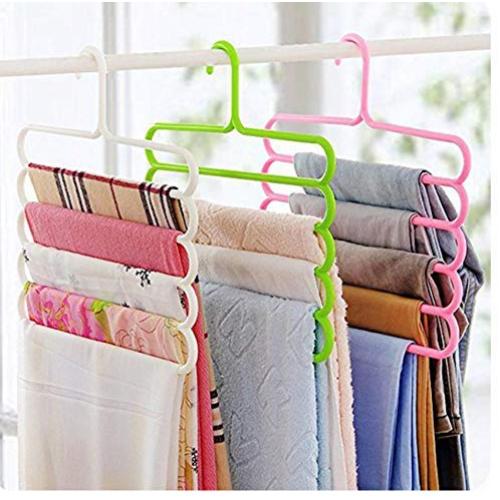 5pcs Random Color 5 Layers Pants Clothes Hangers Non-Slip Multifunctional Clothes Hangers Multilayer Tie Scarfs Magic Hanger Home Organizer