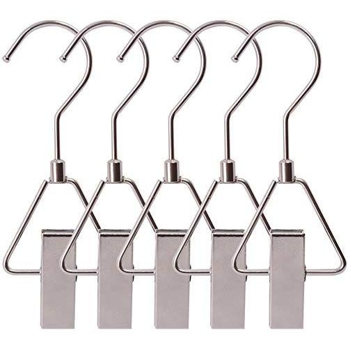 Aligle Energy Chrome Steel Heavy Duty Hanger Clips Hooks Portable Laundry Hook 360° Swivel Joint triangle Hooks Metal Clip For Laundry Drying Hanging Organizer of Boots Shoes Closet 5 Pcs