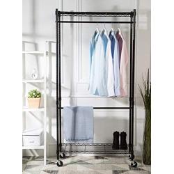 AmazonBasics Double Hanging Rod Garment Rolling Closet Organizer Rack, Black