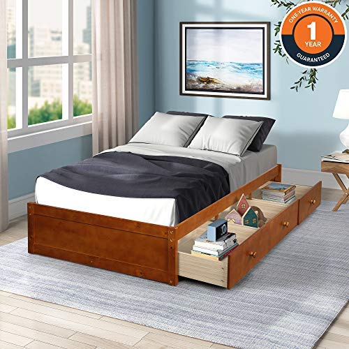 Wood Platform Bed with 3 Drawers - Twin Storage Bed Wood Slat Support, No Boxes Spring Needed Wood Platform Bed with 3 Drawers - Twin Storage Bed Wood Slat Support, No Boxes Spring Needed