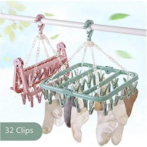 32 Clips Drying Rack Sock Holder Portable Windproof Towel Folding Cloth Hanger Rack Clothespin Wardrobe Storage Cloth Hangers 3pcs Random Color
