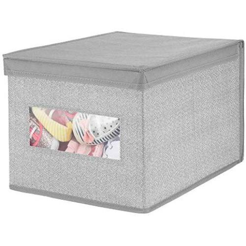 mDesign Decorative Soft Stackable Fabric Closet Storage Organizer Holder Boxes - Clear Window, Lid, for Child/Kids Room, Nursery - Large, Collapsible Foldable - Herringbone Print - Gray