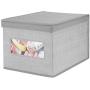 mDesign Decorative Soft Stackable Fabric Closet Storage Organizer Holder Boxes - Clear Window, Lid, for Child/Kids Room, Nursery - Large, Collapsible Foldable - Herringbone Print - Gray