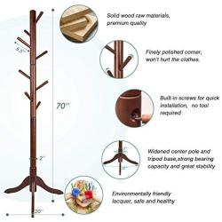 Vlush Free Standing Coat Rack, 8 Hooks Wooden Coat Hat Tree Coat Hanger Holder Enterway Hall Tree with Solid Rubber Wood Base for Coat, Hat, Clothes, Scarves, Handbags, Umbrella-Coffee