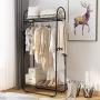 LANGRIA Compact Free-Standing Garment Rack Made of Sturdy Iron with Spacious Storage Space, 2 Shelves, 1 Clothes Hanging Rod, Heavy Duty Clothes Organizer for Bedroom, Entryway (Black)