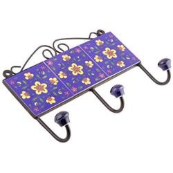 Indianshelf Handmade 2 Artistic Vintage Blue Ceramic Tiny Flower Clothes Hooks Tile Hanger/Coat Hooks Wall Mounted