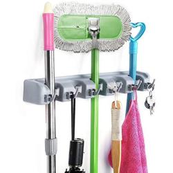 Free Walker Magic Wall Mount Mop Holder with 5 Positons and 6 Hooks,Broom Holder Hanger Brush Cleaning Tools for Home,Kitchen,Prefect for Storage and Organization (5 Postions)