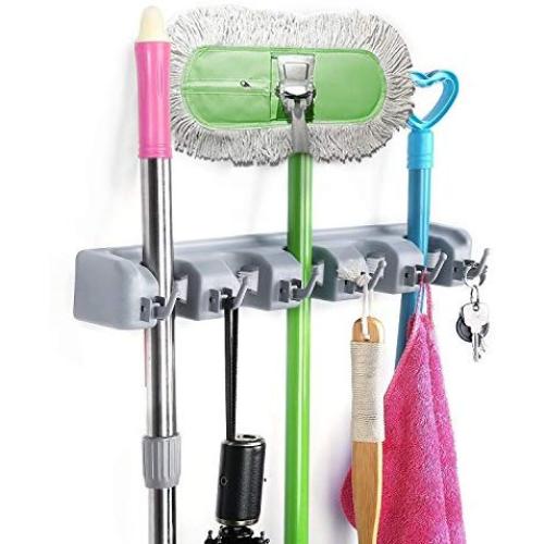 Free Walker Magic Wall Mount Mop Holder with 5 Positons and 6 Hooks,Broom Holder Hanger Brush Cleaning Tools for Home,Kitchen,Prefect for Storage and Organization (5 Postions)