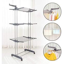 Homgrace 3-Tier Foldable Rolling Clothes Drying Rack with Commercial Grade Wheels Stainless Steel Dryer Garment Hanger Stand Indoor Outdoor (Grey)