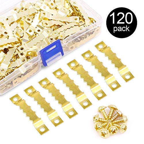 Rustark 120Pcs Golden Stainless Steel Sawtooth Picture Hangers Frame Hanging Hangers Double Hole with Screws for Picture Painting Frame Cross-stitch Rustark 120Pcs Golden Stainless Steel Sawtooth Picture Hangers Frame Hanging Hangers Double Hole with Screws for Picture Painting Frame Cross-stitch