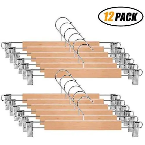IEOKE Natural Wooden Pants Hangers with Metal Clips, Smooth Finish Skirts Hangers with Adjustable Hooks, Clip Hangers for Slacks, Trousers, Skirts, and Bottoms (12 Pack)