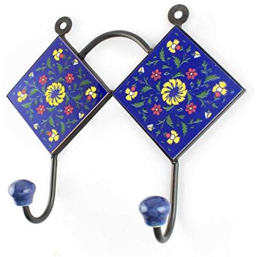 Indianshelf Handmade 1 Artistic Vintage Blue Ceramic Wheel Flower Coat Hooks Tile Hanger/Clothes Hooks Door Mount