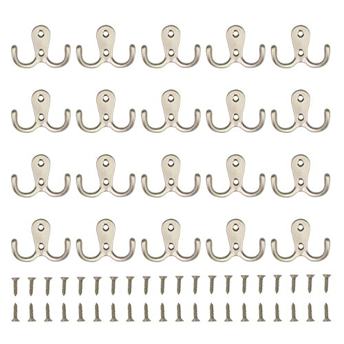 HOVEOX 20 Pcs Double Prong Robe Hook Retro Towel Cloth Hanger Wall Hat Jewelry Hooks Rustproof Rustic Hooks Heavy Duty Hardware Decorative Utility Hooks & 40 Pcs Screws & a Free Screwdriver, Silver