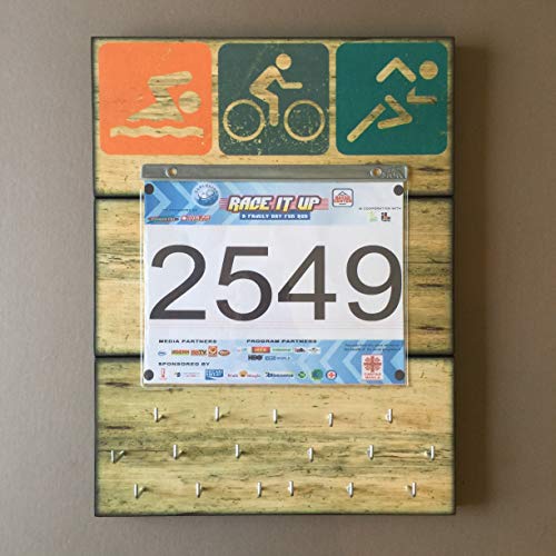 Race Medal Holder and Bib Hanger/Athletic Medal Hanger - SWIM BIKE RUN. Wood Wall Mounted Medal Organizer with Pocket to Display Race Bib. CUSTOMIZATION Available