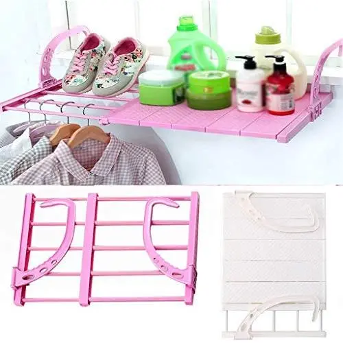 Unionm Multi-Functional Hanging Shelf, Folding Drying Rack Outdoor Portable Clothes Hanger Balcony Laundry Dryer Airer (Pink)