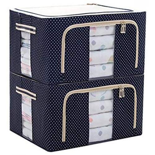 JJMG Stackable Storage Boxes Polka Dots Oxford Cloth Steel Frame Shelf Quilt Clothing Blanket Pillow Shoe Holder Container Organizer See-through Window double zipper Folding - Dark Blue (2 pack x 66L)