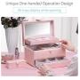 Vlando Mirrored 3 Layers Jewelry Boxes Organizer with Handle, One-Handed High Capacity Soft PU Leather Wooden Decorative Jewelry Storage Case for Bracelets, Earrings, Rings, Necklaces, Brooches (Pink)