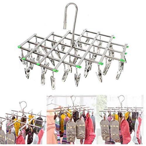 2pcs Clothes Hanger Folding Drying Rack Windproof Stainless Steel 35 Pegs Clip Hook for Socks Underwear Gloves Decoration