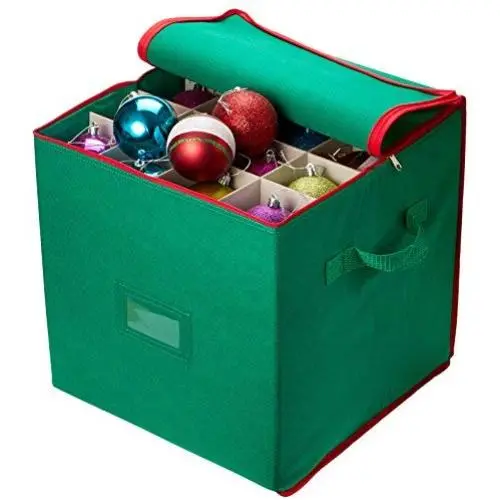 Christmas Ornament Storage - Stores up to 64 Holiday Ornaments, Adjustable Dividers, Zippered Closure with Two Handles. Attractive Storage Boxes Keeps Holiday Decorations Clean and Dry for Next Season.