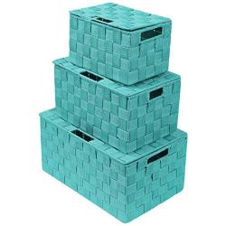 Sorbus Storage Boxes Woven Basket Bin Container Tote Cube Organizer Set Stackable Storage Basket Woven Strap Shelf Organizer Built-in Carry Handles (Lid Bins - 3 Pack, Aqua)