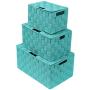 Sorbus Storage Boxes Woven Basket Bin Container Tote Cube Organizer Set Stackable Storage Basket Woven Strap Shelf Organizer Built-in Carry Handles (Lid Bins - 3 Pack, Aqua)