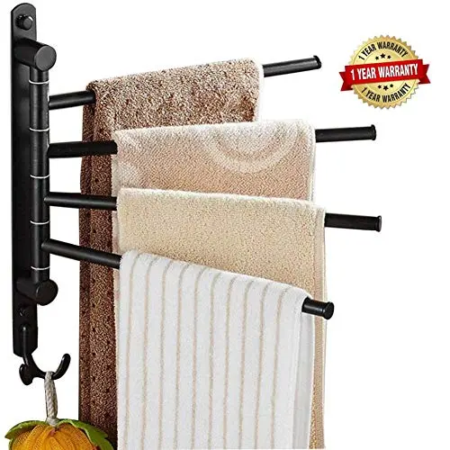 MDtool Wall Mounted Swing Out Towel Bar Oil Rubbed Bronze Bath Towel Rack 4 Arm Bathroom Swivel Towel Hanger Folding Bathrobe Storage Organizer Space-Saving Bath Towel Holder with Hooks & Screws