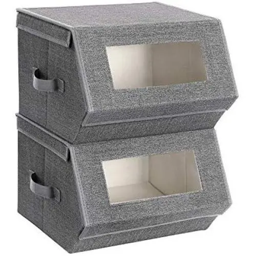 SONGMICS Set of 2 Stackable Storage Bins with Transparent Windows, Magnetic Lid and Side Handles, for Toys, Clothes, Gray and Beige URPLB02G SONGMICS Set of 2 Stackable Storage Bins with Transparent Windows, Magnetic Lid and Side Handles, for Toys, Clothes, Gray and Beige URPLB02G